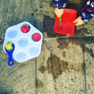 WATER PAINTING  simple quick set up activity for another hot morning…range of brushes or tools & water. It’s great to allow children to choose what they would like, I thought he’d love the roller but he preferred the small paint brush.