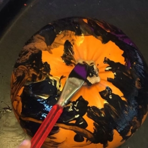 Pumpkin painting  mark making was lots of fun, he enjoyed painting onto a 3D object rather than flat paper, need more to paint! We’ll carve it once it has dried.