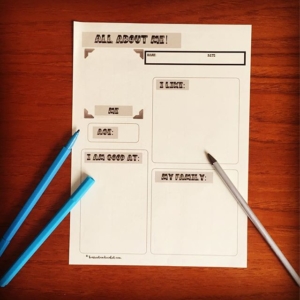 All About Me – mark making/writing template . Unfortunately you can’t really tell from the photo that this is printed onto cream paper. It’s expensive to keep printing with coloured ink but lots of children (&adults) can read and write better on non-white paper. Not so much of a harsh contrast. This little template is great for sharing pictures and words about yourself and the children.