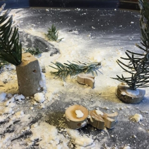 Loving the @play.hooray play prompts Christmas calendar. ️We’ve gone back to the play snow ️using a tuff spot, bits of wood and some left over Christmas tree branches. The pine needles make great brushes for mark making . This would be fantastic in an early years setting for some winter inspired play.