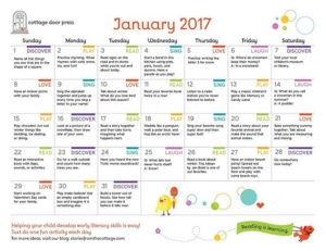 Are you looking for fun, easy ways to spend a little time each day learning with your little one through reading, playing, and singing? Our FREE printable early literacy activity calendars are full of book suggestions, song selections, conversation starters, and fun activities to do with your child. Visit our blog, Stories from the Cottage, to download today!