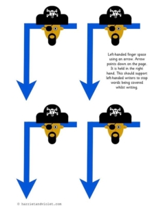 Left handed finger spaces // have you tried writing left handed and use your other hand for finger spaces, it’s pretty tricky! These finger prompts help left handers so they can show where a finger space should go without covering the words or blocking the left hand as they write. Hold the pirates head at the top with the right hand.