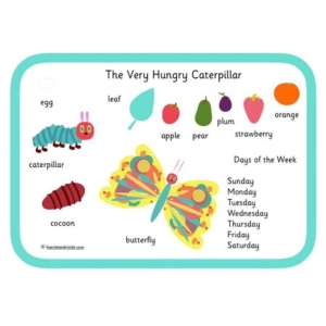 The Very Hungry Caterpillar word bank or word mat in my own style. This word mat comes in two styles, one with a coloured background and one white. The coloured background can support children with visual stress or dyslexia making the tinted background easy to read.
