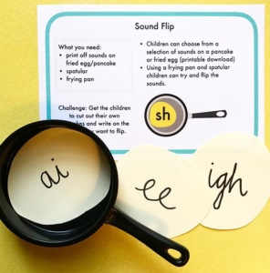 Phonics Game // sound flip ~ a quick simple to set up, using a play frying pan, cut out circles with phase 2/3 phonemes written on them. If you haven’t got time to write them download from @tesresources Phonemes are the sounds e.g. igh is one sound n-igh-t , night has just 3 sounds. . What types of games do you play in class? This is a preview of a pack of quick set up games to support the learning of phonics at home or in school. I’ve left this out for my toddler to play with, he’s not going to read the sounds yet but good to let them see letters and sounds- plus he loves flipping pancakes!