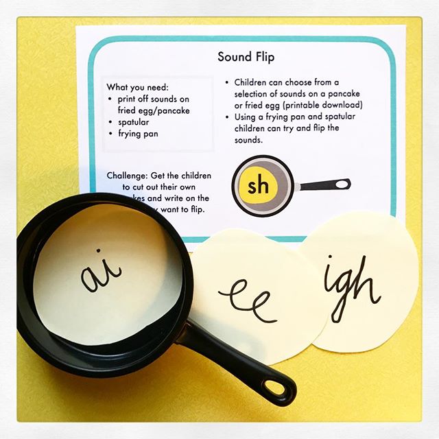 Phonics Game // sound flip ~ a quick simple to set up, using a play frying pan, cut out circles with phase 2/3 phonemes written on them. If you haven't got time to write them download from @tesresources Phonemes are the sounds e.g. igh is one sound n-igh-t , night has just 3 sounds. . What types of games do you play in class? This is a preview of a pack of quick set up games to support the learning of phonics at home or in school. I've left this out for my toddler to play with, he's not going to read the sounds yet but good to let them see letters and sounds- plus he loves flipping pancakes! #sounds #phonics #game #play #harrietviolet #harrietandviolet #earlyyears #EYFS #phonicsplaypack
