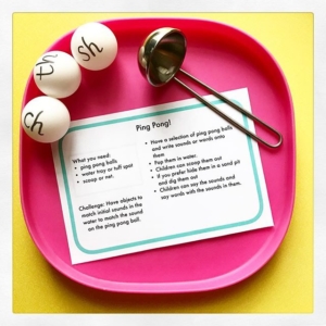 Ping Pong Phonics ~ label the balls and pop into water and children can scoop them out. An alternative would be to hide the balls in a soft bag and children can pull out the balls recalling the different sounds.