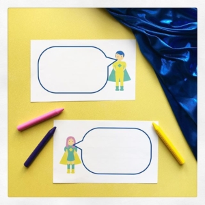 Superhero Speech Bubbles ~ a selection of superhero speech bubbles. Some with lines and some plain. Let superheroes have conversations! Only spoken words go in the speech bubble. The blue fabric here can be worn as a cape! If you’re a superhero why not? These speech bubbles come plain or lined