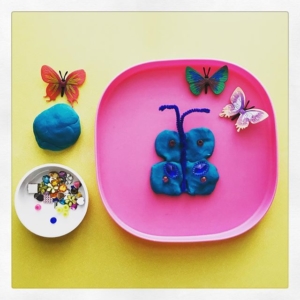 Play dough butterflies this activity has endless possibilities, children can create their own butterfly with different patterns. Just a simple pipe cleaner to form the base of the butterfly, decorations with sequins, beads + jewels. If I was going to do this with a group of children I would have a range of play dough colours so that the creations they make would be more individual.