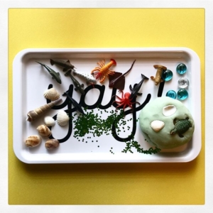 Ocean invitation to play  using light blue play dough, I added little sea creatures, some shells + pebbles. Extend play by adding numbers or letters to the objects in the invitation, mix textures together, add sand or sand play dough to give more to explore. Rex did recognise there were numbers hidden, he surprises me all the time . If you’re interested I created a Play Dough Play Pack available on harrietandviolet.com recipes + invitations included.