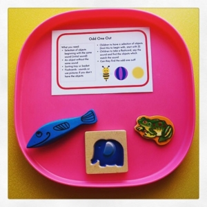 Odd One Out  Quick set up phonics activity. Begin with two different sounds and objects which one matches the one you say. Extend to odd one out, with 3 objects. Make it more challenging by using both objects and written sounds. If children aren’t reading sounds then use sound buttons to replay the sound for children to hear. I just used objects found in the house, surprising how many different everyday items or toys can be used.