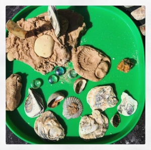 Sand Play Dough  This was quick to make, I did forget the salt when mixing but even after adding it later it still worked. If it’s sticky add a little more flour •1 cup flour •1 cup play sand •1/4 cup salt •3/4 cup hot water •1tbsp of oil •1 tbsp creme of tartar •1 tbsp glycerine  This works well to stick the shells together so could be easily used in construction play like a cement. You could extend the play with shells, jewels, mini bucket (paper cup worked) a+ spade (ice cream spoons)