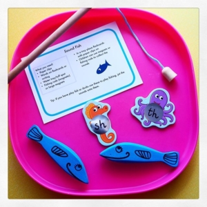 Sound fish phonics  pop stickers onto a magnetic fish and write on different sounds (or words).  You could use this in a tuff spot tray, use foil or shiny paper chopped up to create an ocean area. If you want to have water play why not add sounds onto the bottom of ducks or fish? This way children can select them and recall the sounds.