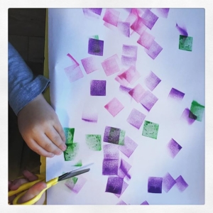 Stamping + cutting ~ I love watching him try out different ways of mark making. At the moment every picture gets cut up. How do you display children’s art work at home? The fridge can’t take anymore paper! I was thinking a little frame for a small piece. I’m also thinking of adding some art ideas to my website, I need to expand my creativity lol. I did a lot of printing + textiles so will explore how to make these activities child friendly.
