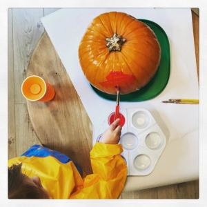 Pumpkin Painting  we have been decorating a pumpkin and my son chose what he wanted to do, paint it red and add stickers and glitter. Not as stylish as the amazing ones on Instagram but it’s great for children to be creative!