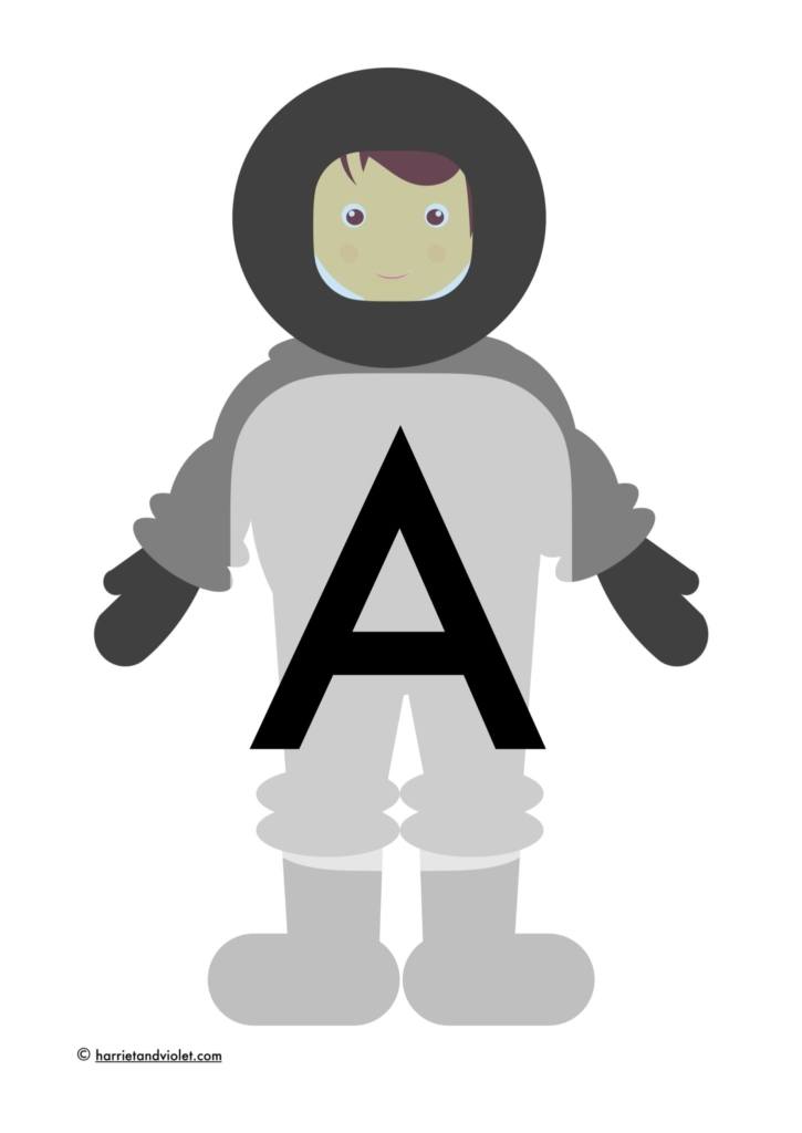 astronaut with large letter capital letter alphabet A - Z