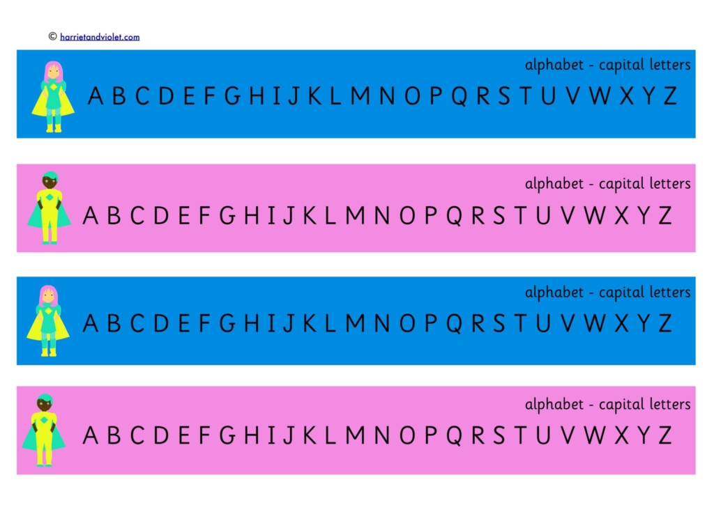 super hero image on alternate pink and blue upper case alphabet for children printplaylearn