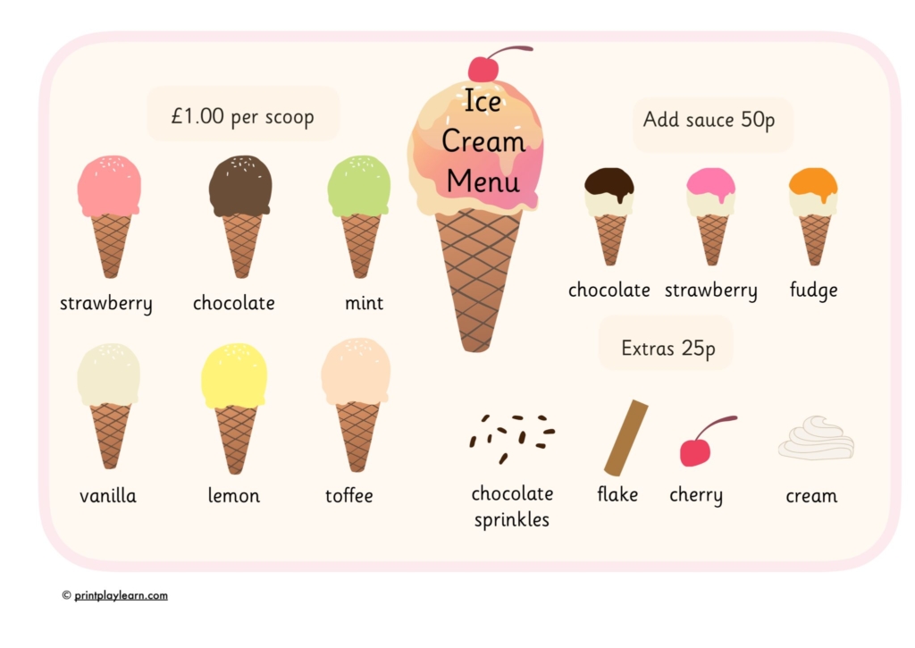 ice cream menu with prices EYFS