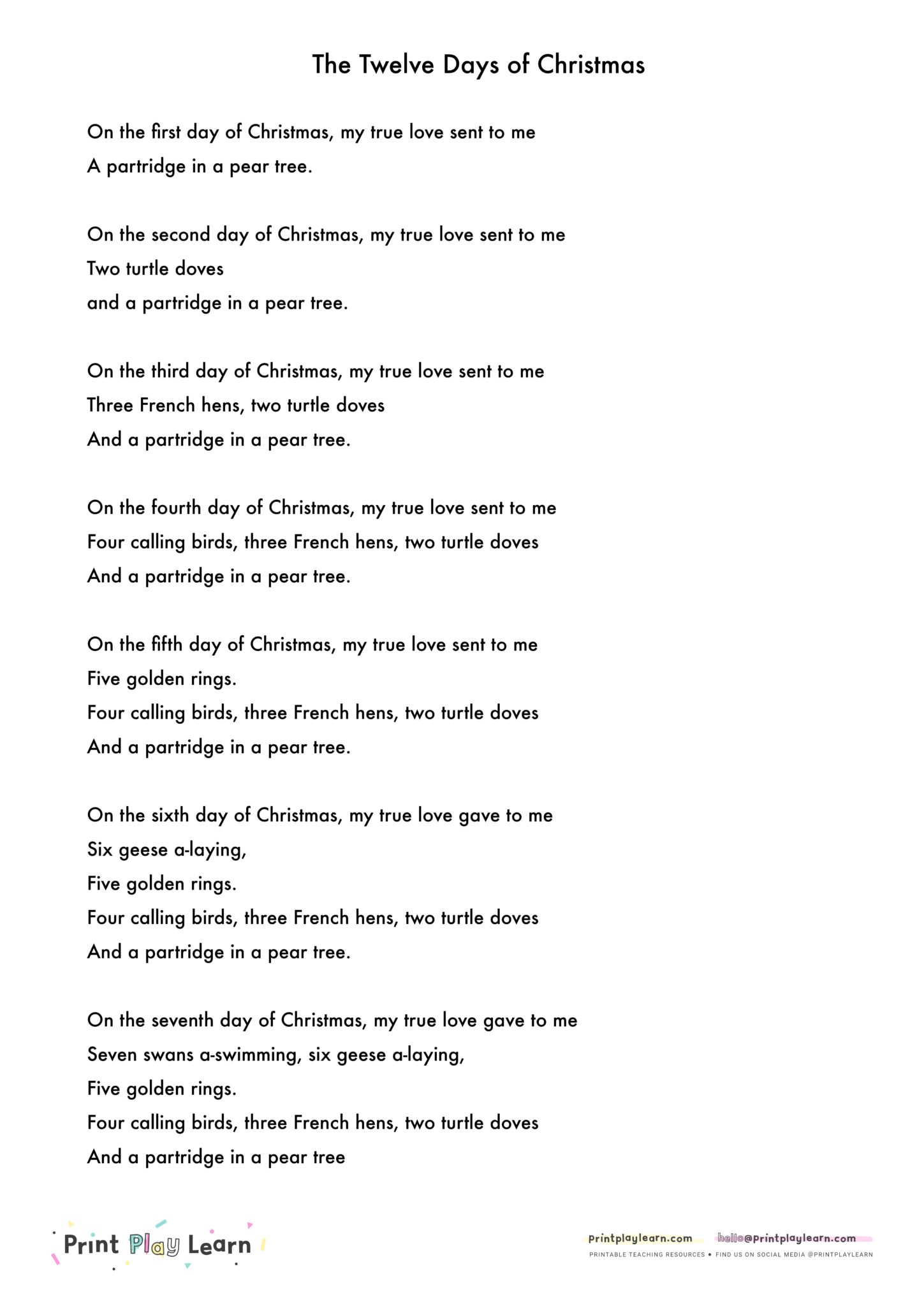 Printable Lyrics 12 Days Of Christmas