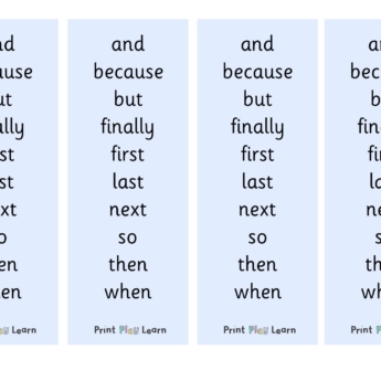 a list of conjunctions to use in an EYFS classroom blue background primary school