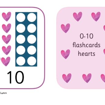 hearts and numicon with number digits and pink border flashcards