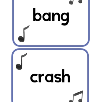 music words as flashcards for the classroom, bang, crash