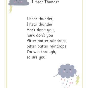 I hear thunder rhyme typed in the middle of the page with a storm cloud image in grey with yellow thrunder