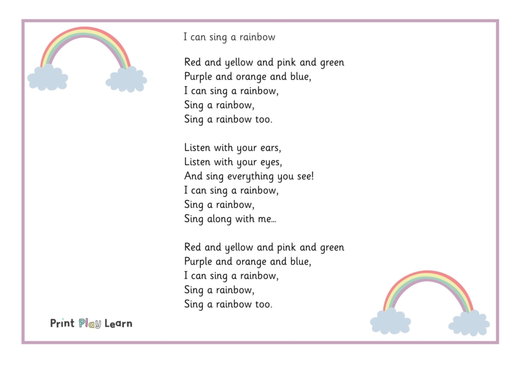 I can sing a rainbow song words with image of rainbows for a primary and eyfs poster