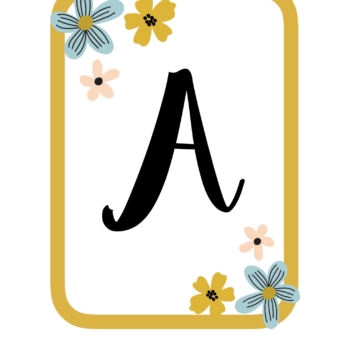 mustard yellow border with blue and yellow flowers with each letter of the alphabet on each page