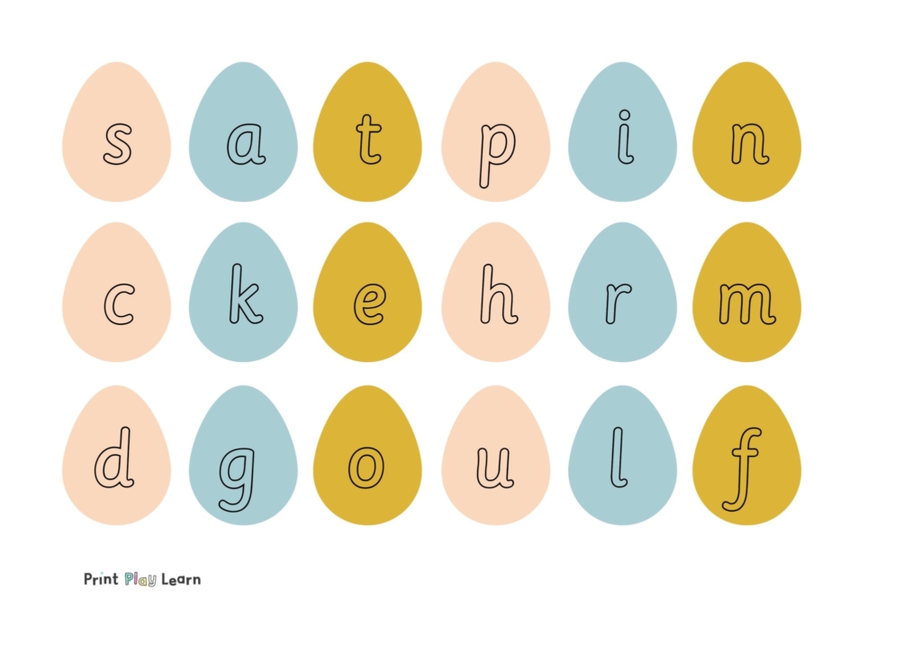 jolly phonics sounds typed onto pastel coloured eggs