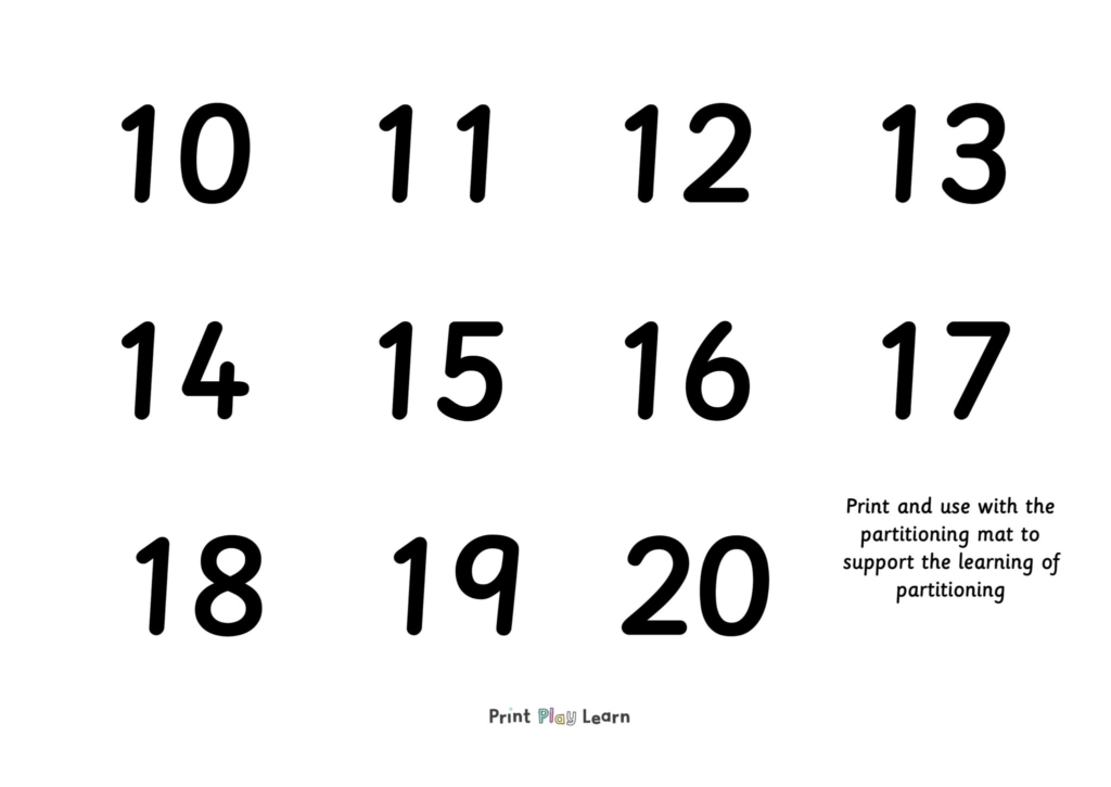 partitioning mat digit cards black numbers 10-20 for key stage one