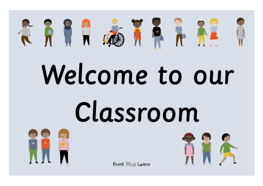 blue background welcome to out classroom with images of children around the edge