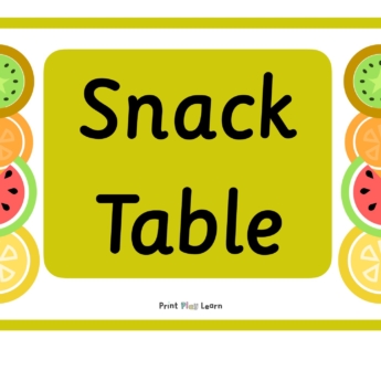 green border writing snack table with images of kiwi orange melon lemon print play learn