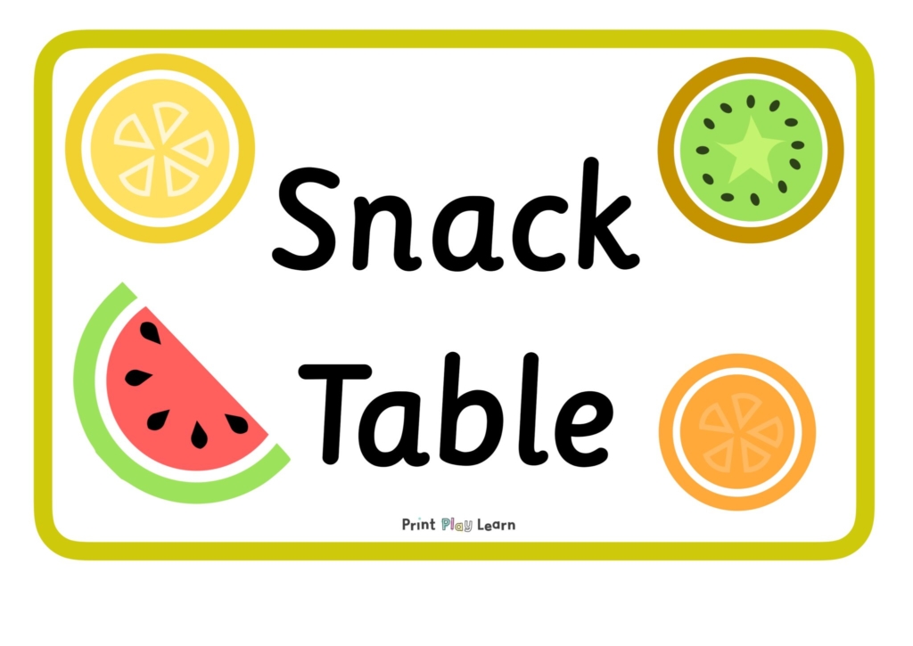 lemon kiwi melon orange images with the word snack table with green border print play learn