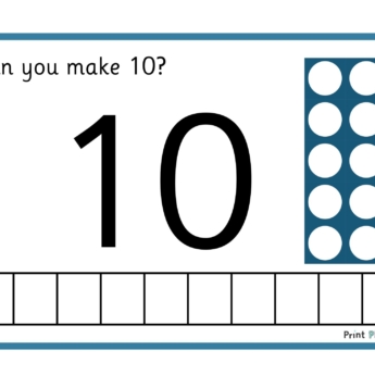 blue border large number 10 can you make 10 in words and numicon