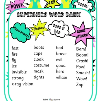 superhero word mat with list of words and images print play learn