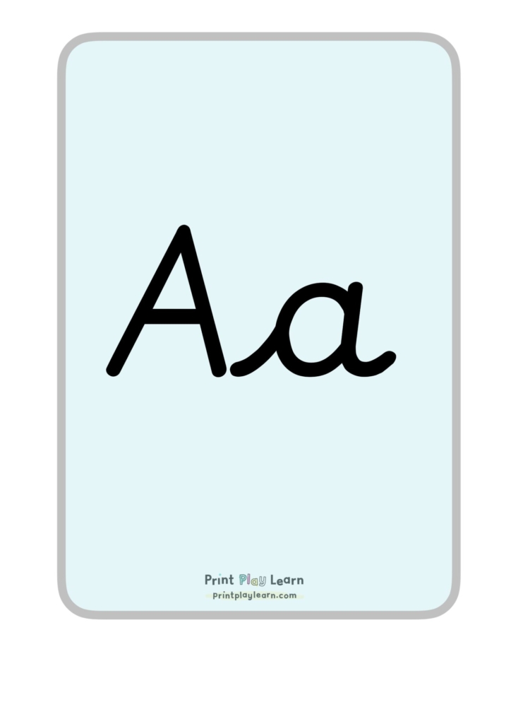Cursive font capital A Lower case a on blue background grey border print play learn