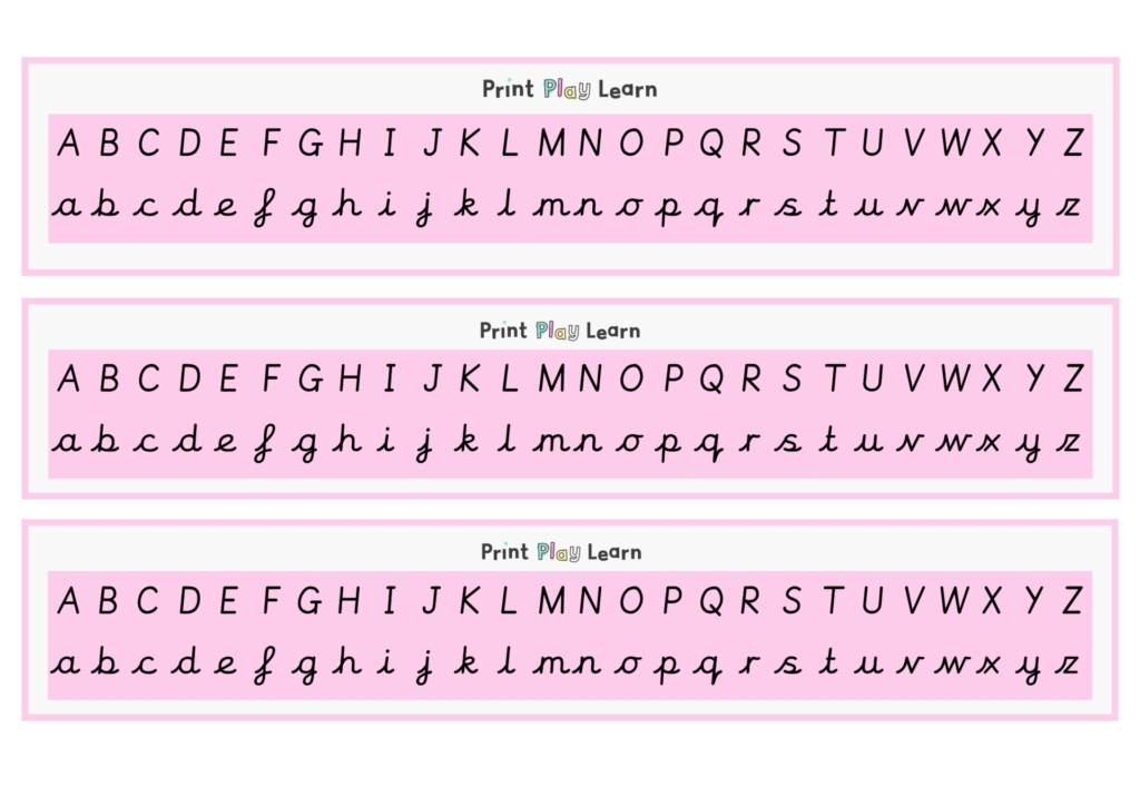 3 alphabet charts capital and lower case lettering pink background