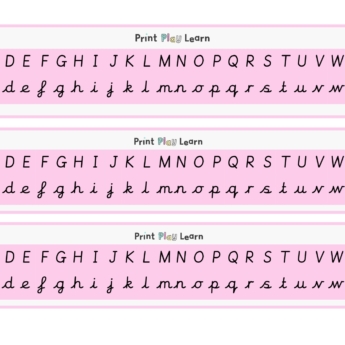 3 alphabet charts capital and lower case lettering pink background