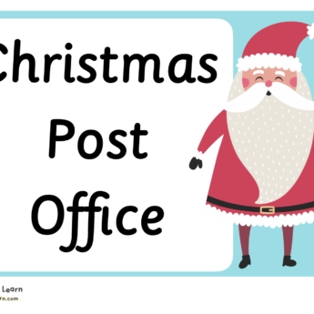 black text Christmas post office sign blue back ground picture of santa on right blue background