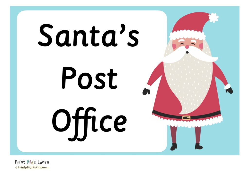 blue background black writing santas post office with santa on the right side