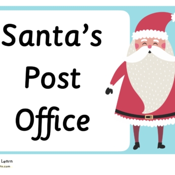 blue background black writing santas post office with santa on the right side