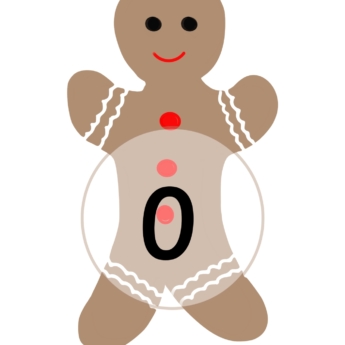 drawn gingerbread man in the middle of the page brown and white circle with a number in set of 0-10 number posters print play learn