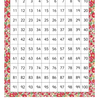 red flower border with grid 100 numbers print play learn