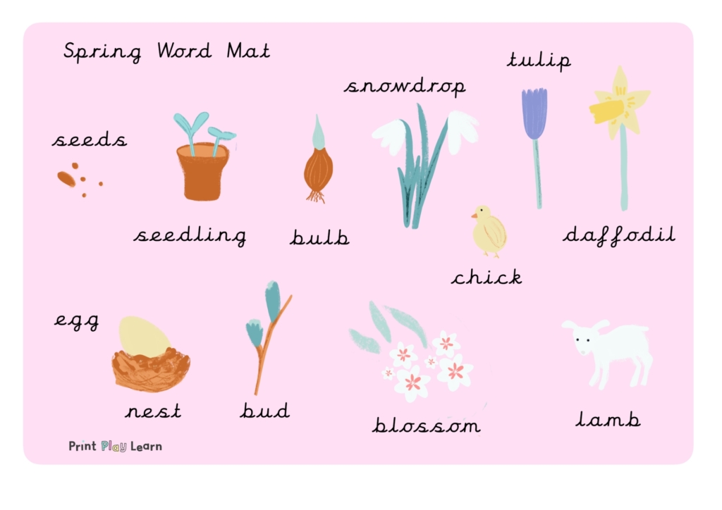 signs of spring word mat drawings by printplaylearn on pink tinted background, seed seedling, tulip daffodil