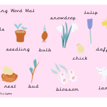 signs of spring word mat drawings by printplaylearn on pink tinted background, seed seedling, tulip daffodil