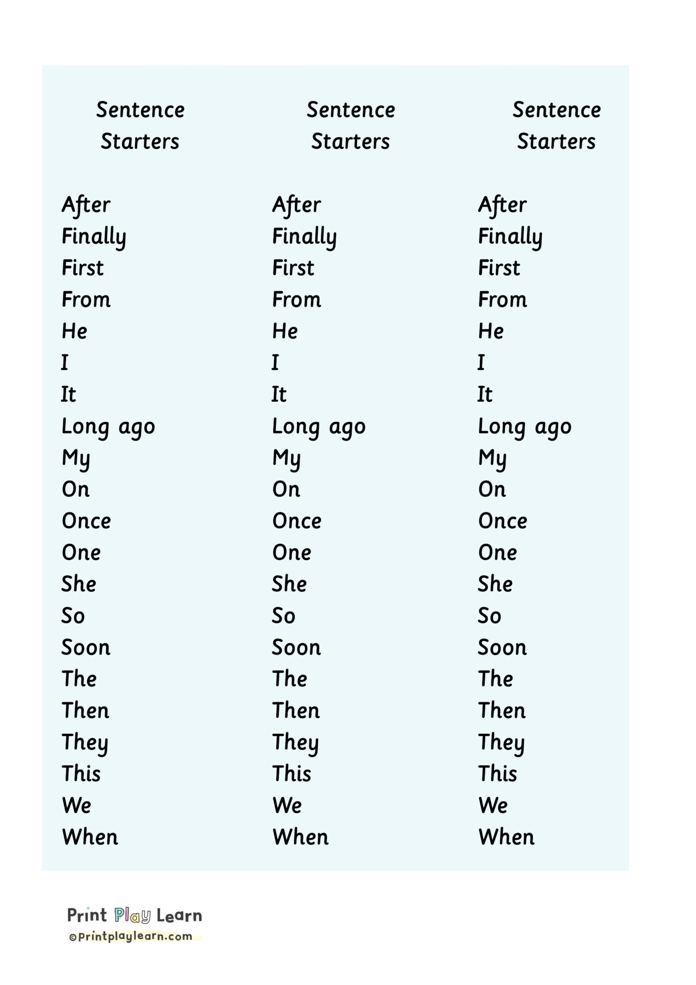 Sentence Starter Worksheet