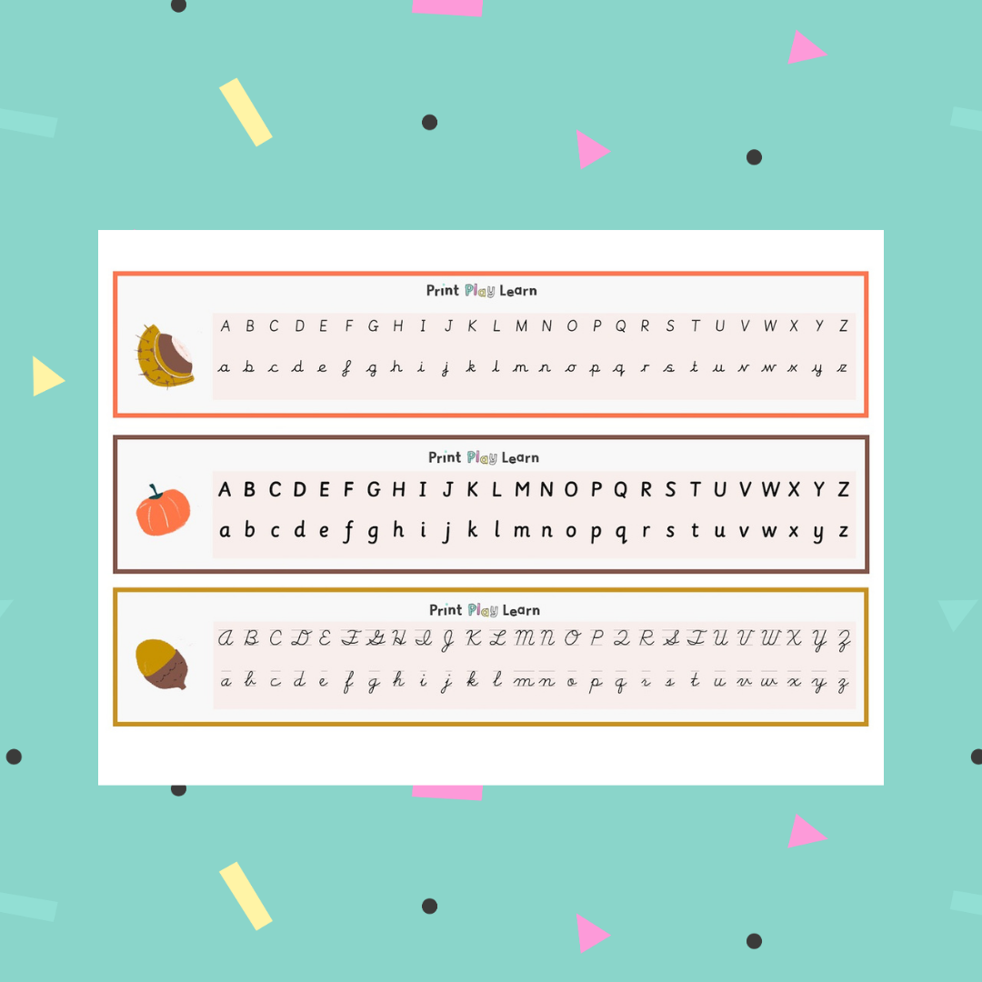 autumn alphabet strips cursive montessori fonts