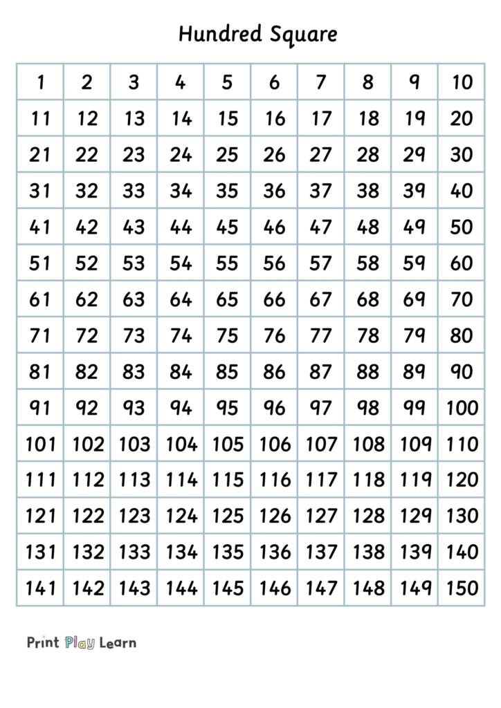 grid 1-150 numbers in square print play learn maths help