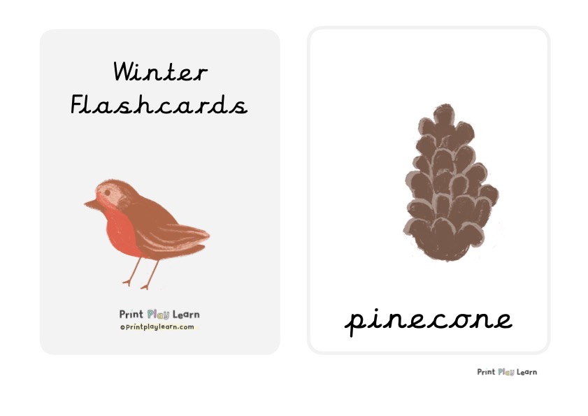 Winter flashcards printplaylearn drawing of a robin and pinecone