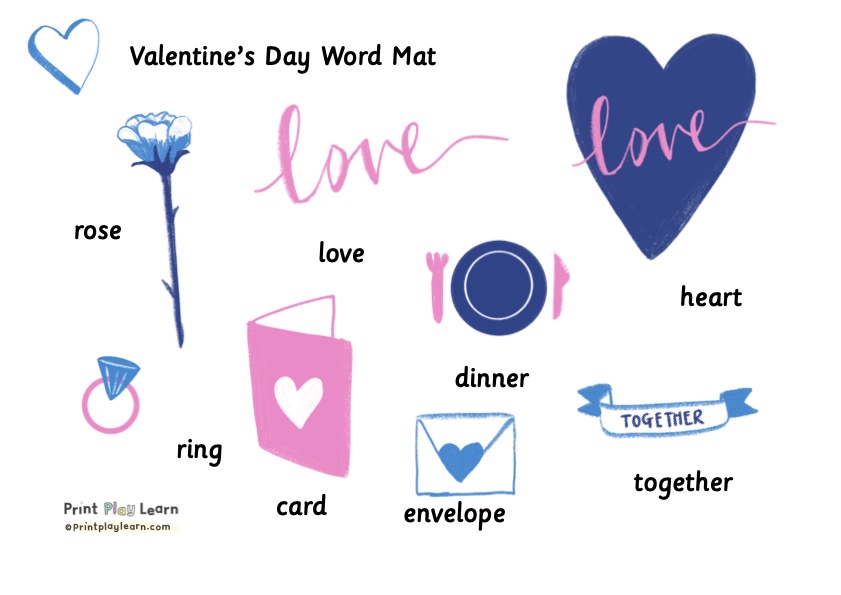 pink blue and white illustrations for valentines day for kids to learn from Print Play Learn